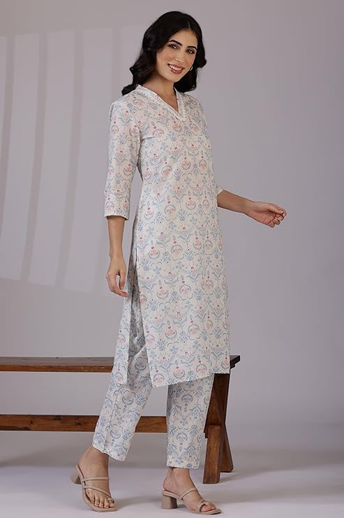 Off-White-Floral-Printed-Pure-Cotton-Straight-Kurta-and-Pants-Co-ord-Set